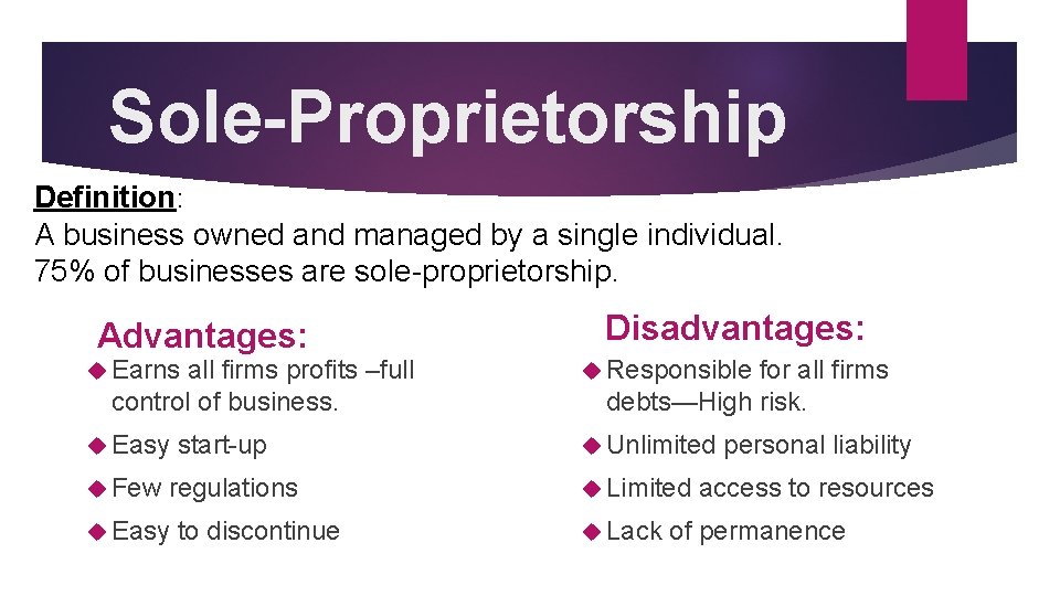 Sole-Proprietorship Definition: A business owned and managed by a single individual. 75% of businesses