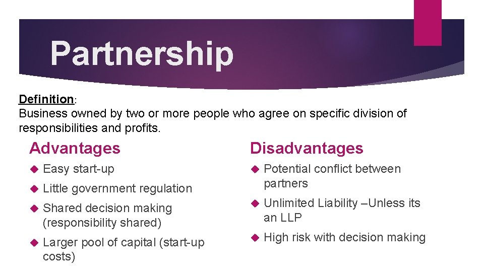 Partnership Definition: Business owned by two or more people who agree on specific division