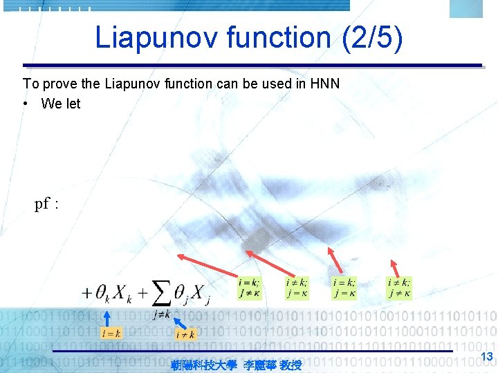 Liapunov function (2/5) To prove the Liapunov function can be used in HNN •