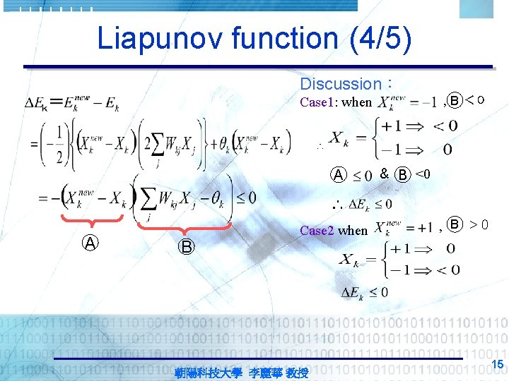 Liapunov function (4/5) Discussion： , B ＜０ Case 1: when ∴ A & B