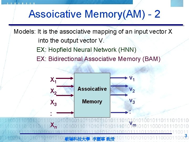 Assoicative Memory(AM) - 2 Models: It is the associative mapping of an input vector