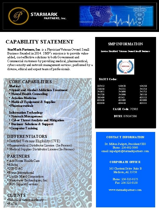 STARMARK PARTNERS Inc. CAPABILITY STATEMENT Star. Mark Partners, Inc. is a Physician/Veteran Owned Small