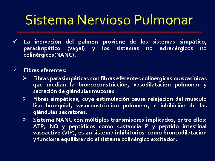 Sistema Nervioso Pulmonar ü La inervación del pulmón proviene de los sistemas simpático, parasimpático