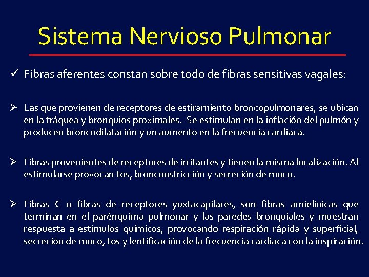 Sistema Nervioso Pulmonar ü Fibras aferentes constan sobre todo de fibras sensitivas vagales: Ø