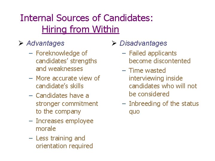 Internal Sources of Candidates: Hiring from Within Ø Advantages – Foreknowledge of candidates’ strengths Internal Sources of Candidates: Hiring from Within Ø Advantages – Foreknowledge of candidates’ strengths
