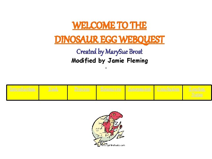 WELCOME TO THE DINOSAUR EGG WEBQUEST Created by Mary. Sue Brost Modified by Jamie
