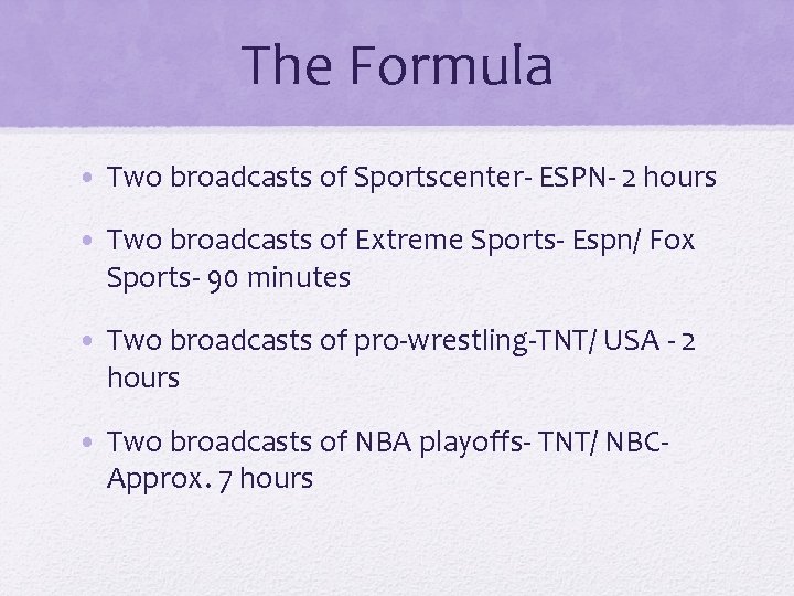 The Formula • Two broadcasts of Sportscenter- ESPN- 2 hours • Two broadcasts of