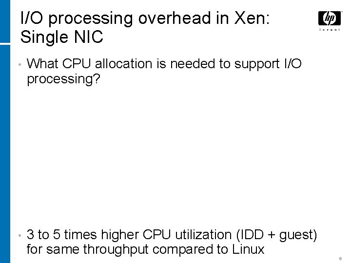 I/O processing overhead in Xen: Single NIC • What CPU allocation is needed to