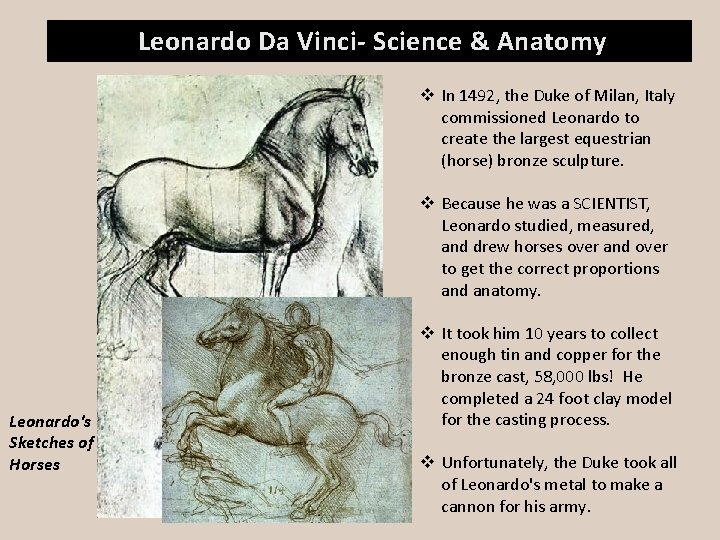 Leonardo Da Vinci- Science & Anatomy v In 1492, the Duke of Milan, Italy