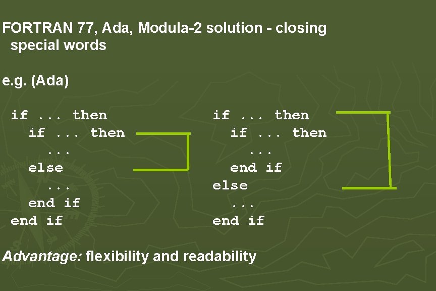 FORTRAN 77, Ada, Modula-2 solution - closing special words e. g. (Ada) if. . FORTRAN 77, Ada, Modula-2 solution - closing special words e. g. (Ada) if. .