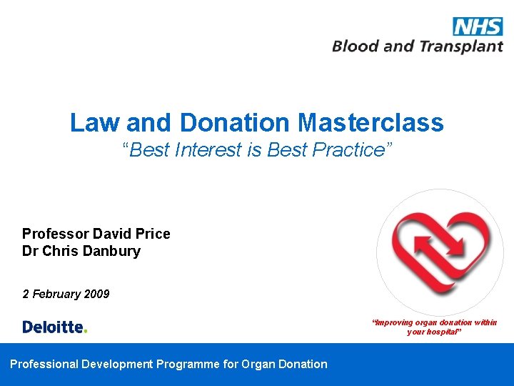 Law and Donation Masterclass “Best Interest is Best Practice” Professor David Price Dr Chris