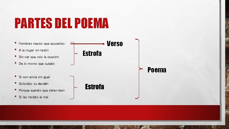 PARTES DEL POEMA • • Verso Hombres necios que acusarías A la mujer sin PARTES DEL POEMA • • Verso Hombres necios que acusarías A la mujer sin
