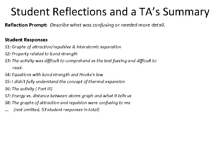 Student Reflections and a TA’s Summary Reflection Prompt: Describe what was confusing or needed Student Reflections and a TA’s Summary Reflection Prompt: Describe what was confusing or needed