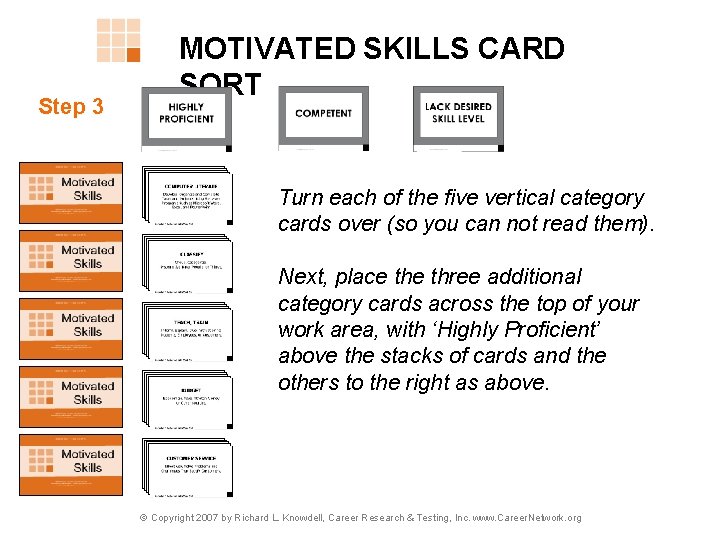 Step 3 MOTIVATED SKILLS CARD SORT Turn each of the five vertical category cards Step 3 MOTIVATED SKILLS CARD SORT Turn each of the five vertical category cards