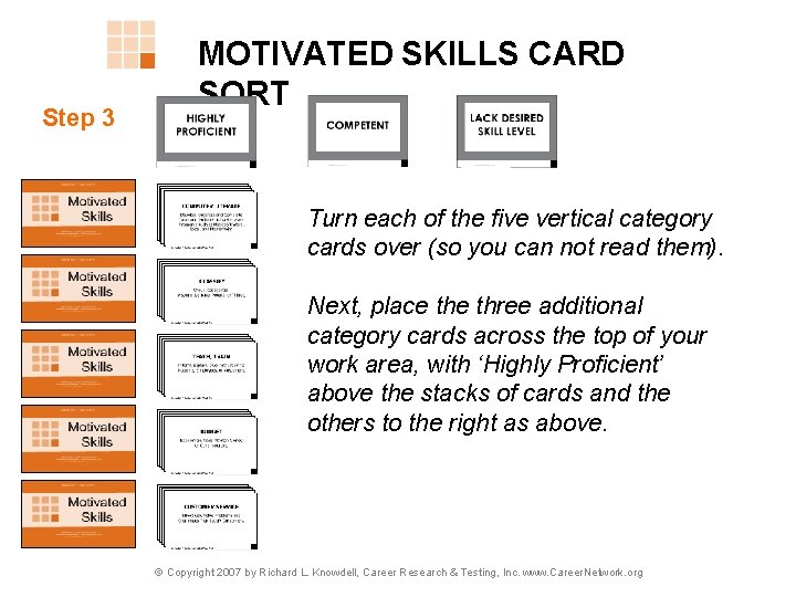 Step 3 MOTIVATED SKILLS CARD SORT Turn each of the five vertical category cards