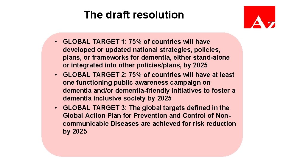 The draft resolution • GLOBAL TARGET 1: 75% of countries will have developed or