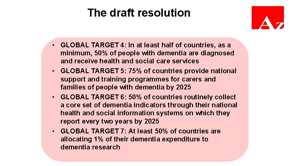 The draft resolution • GLOBAL TARGET 4: In at least half of countries, as