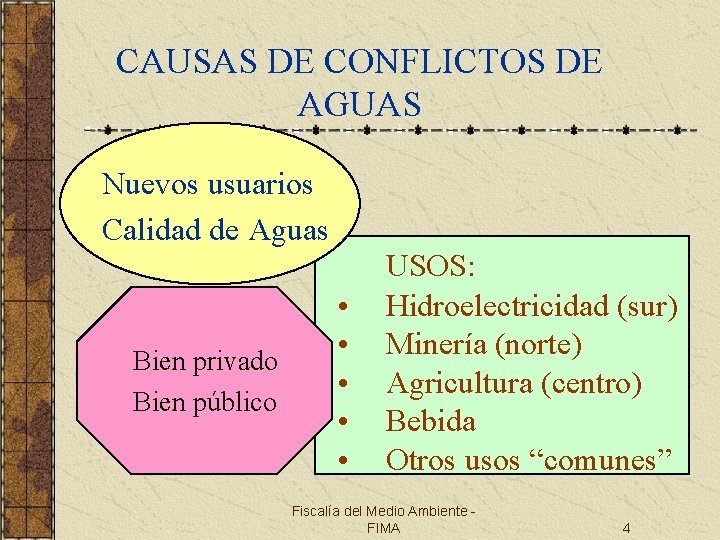 CAUSAS DE CONFLICTOS DE AGUAS Nuevos usuarios Calidad de Aguas Bien privado Bien público