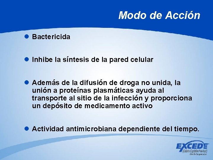 Modo de Acción l Bactericida l Inhibe la síntesis de la pared celular l Modo de Acción l Bactericida l Inhibe la síntesis de la pared celular l