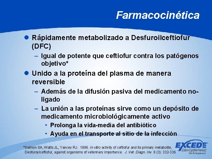 Farmacocinética l Rápidamente metabolizado a Desfuroilceftiofur (DFC) – Igual de potente que ceftiofur contra Farmacocinética l Rápidamente metabolizado a Desfuroilceftiofur (DFC) – Igual de potente que ceftiofur contra