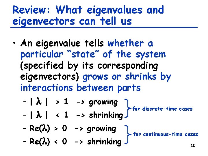 Review: What eigenvalues and eigenvectors can tell us • An eigenvalue tells whether a