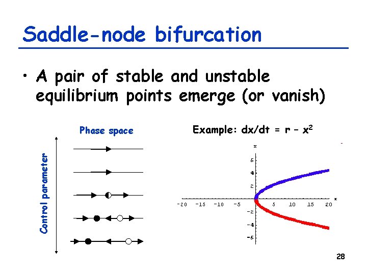 Saddle-node bifurcation • A pair of stable and unstable equilibrium points emerge (or vanish)