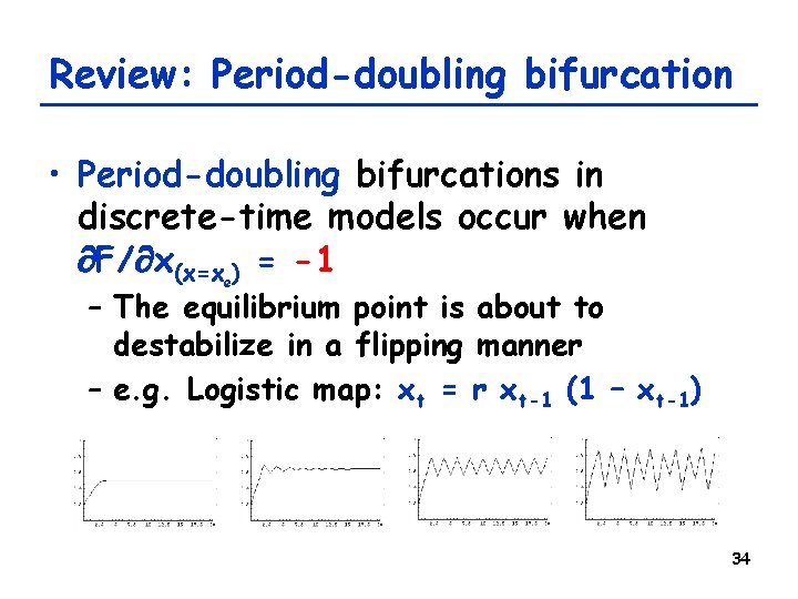 Review: Period-doubling bifurcation • Period-doubling bifurcations in discrete-time models occur when F/ x(x=xe) =