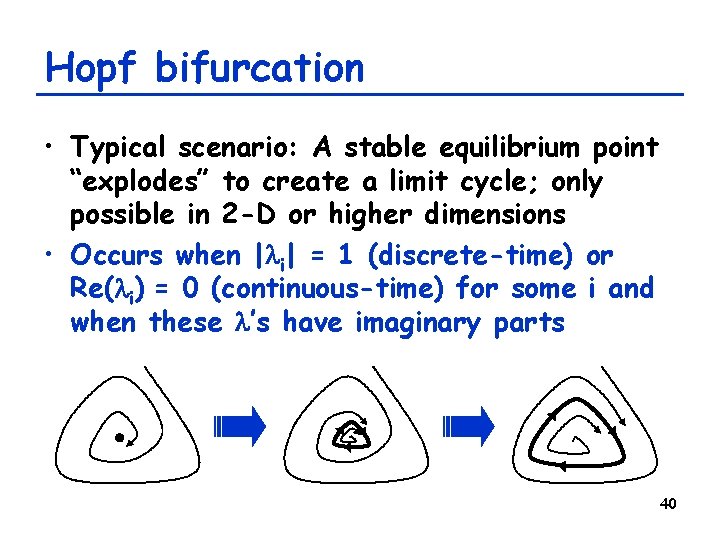 Hopf bifurcation • Typical scenario: A stable equilibrium point “explodes” to create a limit