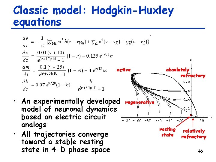 Classic model: Hodgkin-Huxley equations active • An experimentally developed model of neuronal dynamics based