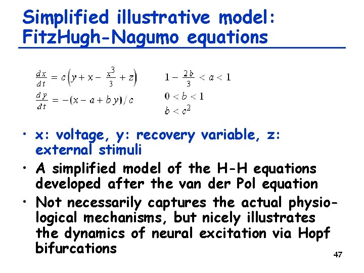 Simplified illustrative model: Fitz. Hugh-Nagumo equations • x: voltage, y: recovery variable, z: external
