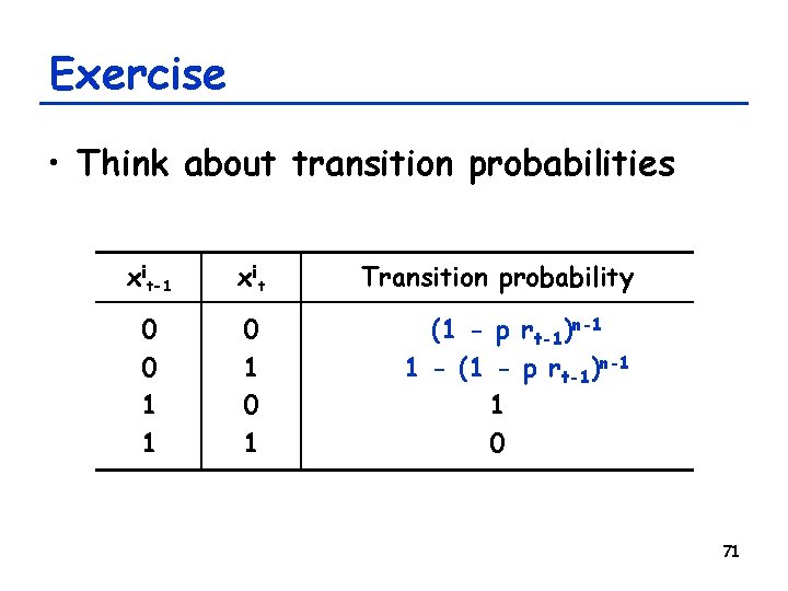 Exercise • Think about transition probabilities xit-1 x it Transition probability 0 0 1