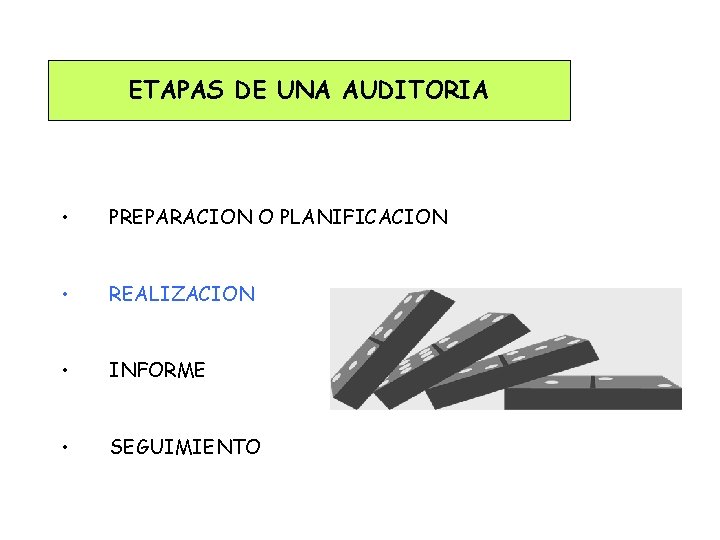 ETAPAS DE UNA AUDITORIA • PREPARACION O PLANIFICACION • REALIZACION • INFORME • SEGUIMIENTO