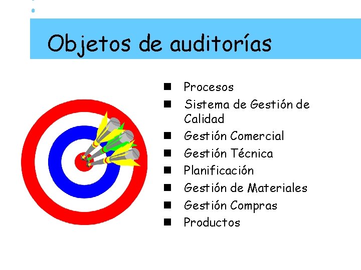 Objetos de auditorías n Procesos n Sistema de Gestión de Calidad n Gestión Comercial