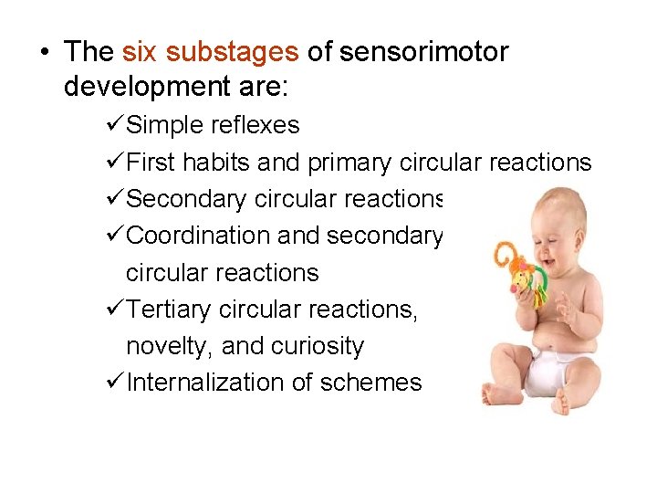  • The six substages of sensorimotor development are: üSimple reflexes üFirst habits and