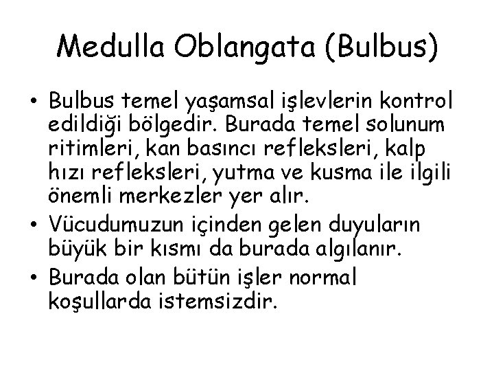 Medulla Oblangata (Bulbus) • Bulbus temel yaşamsal işlevlerin kontrol edildiği bölgedir. Burada temel solunum