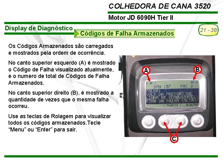 COLHEDORA DE CANA 3520 Motor JD 6090 H Tier II Display de Diagnóstico 21 COLHEDORA DE CANA 3520 Motor JD 6090 H Tier II Display de Diagnóstico 21