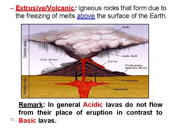 – Extrusive/Volcanic: Igneous rocks that form due to the freezing of melts above the – Extrusive/Volcanic: Igneous rocks that form due to the freezing of melts above the