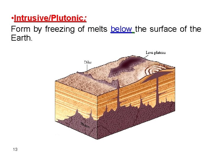• Intrusive/Plutonic: Form by freezing of melts below the surface of the Earth. • Intrusive/Plutonic: Form by freezing of melts below the surface of the Earth.