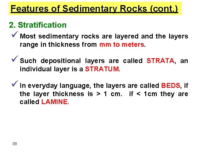 Features of Sedimentary Rocks (cont. ) 2. Stratification ü Most sedimentary rocks are layered Features of Sedimentary Rocks (cont. ) 2. Stratification ü Most sedimentary rocks are layered