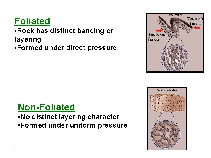 Foliated • Rock has distinct banding or layering • Formed under direct pressure Non-Foliated Foliated • Rock has distinct banding or layering • Formed under direct pressure Non-Foliated