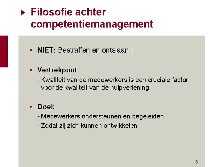 Filosofie achter competentiemanagement • NIET: Bestraffen en ontslaan ! • Vertrekpunt: - Kwaliteit van Filosofie achter competentiemanagement • NIET: Bestraffen en ontslaan ! • Vertrekpunt: - Kwaliteit van