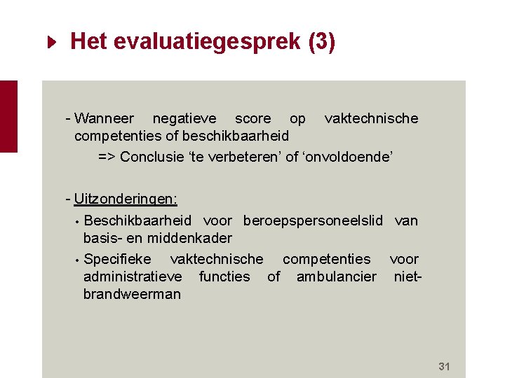 Het evaluatiegesprek (3) - Wanneer negatieve score op vaktechnische competenties of beschikbaarheid => Conclusie Het evaluatiegesprek (3) - Wanneer negatieve score op vaktechnische competenties of beschikbaarheid => Conclusie