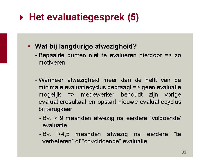 Het evaluatiegesprek (5) • Wat bij langdurige afwezigheid? - Bepaalde punten niet te evalueren Het evaluatiegesprek (5) • Wat bij langdurige afwezigheid? - Bepaalde punten niet te evalueren