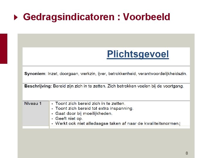 Gedragsindicatoren : Voorbeeld 8 Gedragsindicatoren : Voorbeeld 8