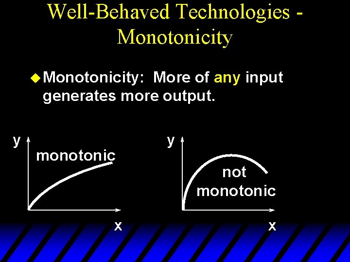 Well-Behaved Technologies Monotonicity u Monotonicity: More of any input generates more output. y monotonic