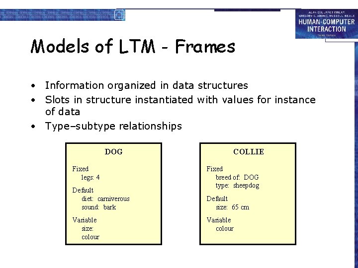 Models of LTM - Frames • Information organized in data structures • Slots in