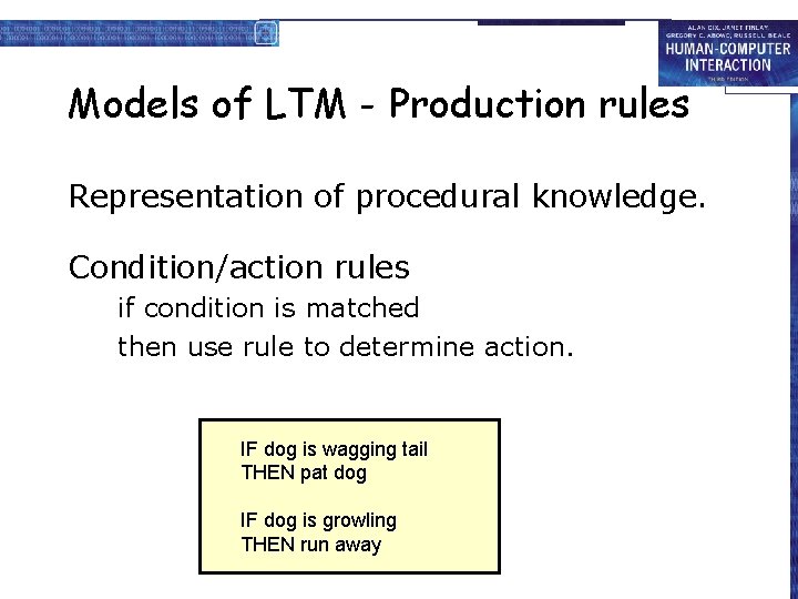 Models of LTM - Production rules Representation of procedural knowledge. Condition/action rules if condition