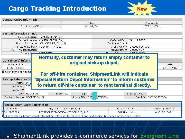 Cargo Tracking Introduction New Normally, customer may return empty container to original pick-up depot.