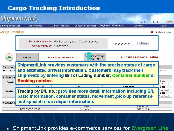 Cargo Tracking Introduction Shipment. Link provides customers with the precise status of cargo and