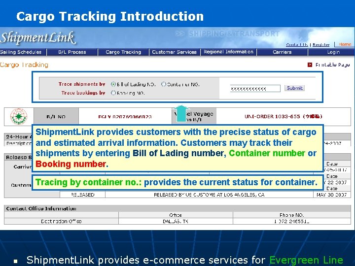 Cargo Tracking Introduction Shipment. Link provides customers with the precise status of cargo and